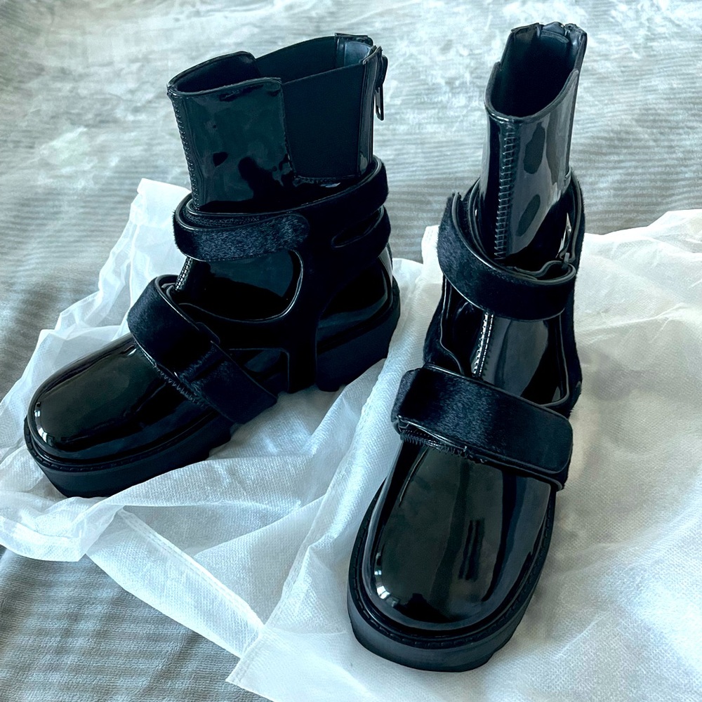 PosterGrl gothic patent vinyl leather rabbitfur bondage harness buckle y2k boots